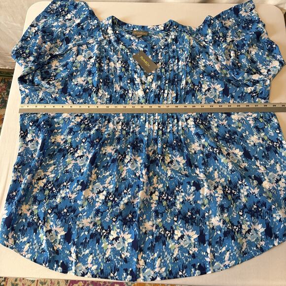 Style & Co NWT Women's Plus 3X Blue Pintuck 3/4 Bell Sleeve V Neck Tunic Blouse - Picture 10 of 13